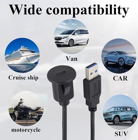 zdyCGTime USB Type C 3.0 Flush Mount Extension Cable USB C 3.0 Male to Female Flush Panel Mount Cable for Car, Boat, Motorcycle, Truck Dashboard,Sync Charging & Data Transferring.(1.5M/5FT/Type C) in Kuwait