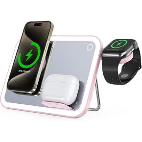 3 in 1 Foldable Charging Station for Apple Products,Fast Wireless Charger Travel Dock Adapter&Light for iPhone 15/14/13/12/11/X/XS/XR,for iWatch Ultra/9/8/7/6/SE/5/4/3,Air pods 3/2/Pro/2(WHITE)