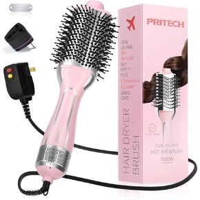 Dual Voltage Hair Dryer Brush, PRITECH Hot Air Brush, Ionic 1000W Blow Dryer Brush 4 in 1 Styler, One Step Volumizer, Rotating Styling Brush with Ceramic Coating for Straight and Curling Hair Salon