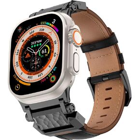 Leather Band Compatible with Apple Watch 49mm 46mm 45mm 44mm 42mm Band, Vintage Genuine Leather Rugged Metal Connector Replacement Band for iWatch Ultra 2/1, SE2 SE Series 10 9 8 7 6 5 4 3 2 1