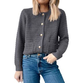 ANRABESS Women's Cardigan Sweaters 2023 Fall Open Front Long Sleeve Button Down Chunky Knit Cropped Cardigans with Pockets