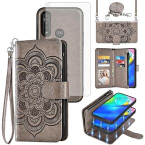 Asuwish Phone Case for Moto G Power 2020 Zipper Wallet Magnetic Detachable Cell Cover with Tempered Glass Screen Protector Crossbody Strap Mandala Flower Card Holder Motorola GPower Women Girls Purple