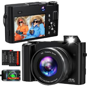 4K Digital Camera for Photography Autofocus 64MP Vlogging Camera for YouTube with Dual Cameras 16X Digital Zoom 4K Compact Travel Video Camera with 32GB SD Card,2 Batteries,Flash, Anti-Shake (Black)