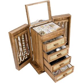Jewelry Organizer, Rattan Jewelry Box, 5 Layer Wooden Jewelry Organizer Box with Mirror, Jewelry Boxes with 4 Drawers for Women Men, Black Jewelry Storage for Rings Earrings Necklaces Bracelets Watch in Kuwait