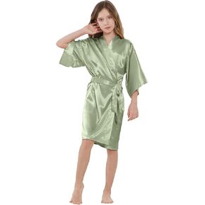 ALHAVONE Girl's Kid's Silky Satin Solid Color Short Kimono Robe for Wedding Birthday Party Spa