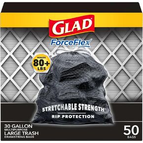 Glad Large Drawstring Trash Bags, ForceFlex 30 Gallon Black Trash Bags, 50 Count