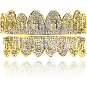 TOPGRILLZ Baguette Iced Diamond 8 Fang Gold Grills for Your Teeth 14K Gold Plated Cubic Zirconia Micro Paved CZ Top and Bottom Grillz Set for Men Women Bling Hip Hop Accessory