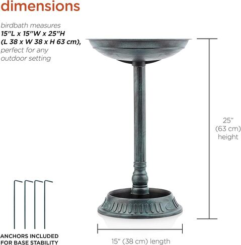 Alpine Corporation TIZ112 Alpine Plastic Outdoor Decor for Garden, Patio, Deck, Porch-Green Birdbath with Planter Pedestal, 25 Inch Tall, 15"L x 15"W x 25"H, Turquoise in Kuwait