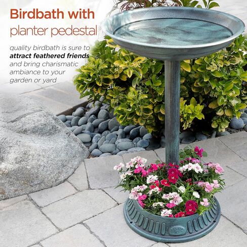 Alpine Corporation TIZ112 Alpine Plastic Outdoor Decor for Garden, Patio, Deck, Porch-Green Birdbath with Planter Pedestal, 25 Inch Tall, 15"L x 15"W x 25"H, Turquoise in Kuwait