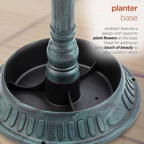 Alpine Corporation TIZ112 Alpine Plastic Outdoor Decor for Garden, Patio, Deck, Porch-Green Birdbath with Planter Pedestal, 25 Inch Tall, 15"L x 15"W x 25"H, Turquoise in Kuwait