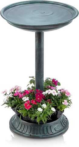 Alpine Corporation TIZ112 Alpine Plastic Outdoor Decor for Garden, Patio, Deck, Porch-Green Birdbath with Planter Pedestal, 25 Inch Tall, 15"L x 15"W x 25"H, Turquoise in Kuwait