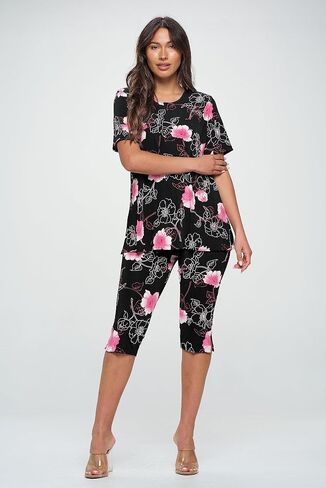 Jostar Women's 2 Piece Set – Short Sleeve T Shirts Top and Capri Pants with Side Slit Stretchy Casual Outfit 9003BN-SRP1-W379-GRN M in Saudi Arabia
