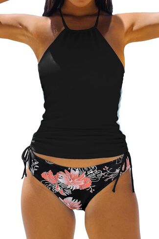 Women's Bathing Suit Solid Color Drawstring Side Halter Neck Tankini Set, Solid Black, S in Kuwait