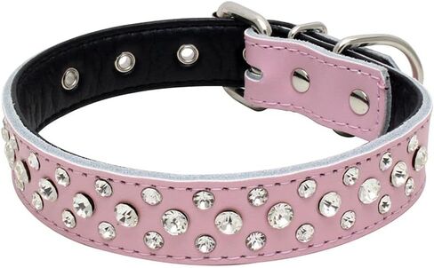 Rhinestones Dog Collar, Adjustable Sparkly Crystal Studded Genuine Leather Pet Dog Collar for Small and Medium Dogs (L, Black) in Saudi Arabia