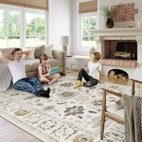 Lahome Vintage 3x5 Throw Rugs,Oriental Farmhouse Rugs for Entryway Indoor Non-Slip,Low-Pile Soft Distressed Living Room Area Rug Washable Floor Carpet for Bedroom Kitchen Laundry - Brown in Saudi Arabia