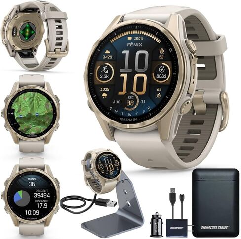 Garmin Fenix 8 Premium Multisport GPS Running Smartwatch, 47 mm, AMOLED, Dive-Rated, Built-in Flashlight, Slate Gray with Black Band with Signature Series Charging Stand in Saudi Arabia