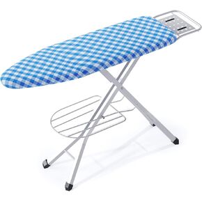 BKTD Ironing Board with Sturdy Steel Frame, Heat Resistant Cover Iron Board with Steam Iron Rest. Adjustable Portable Ironing Board with Non-Slip Feet (13 * 34 * 53 Inches) Blue and White Checkered