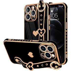 for iPhone 13 Case Cute Love-Heart Plating Strap Phone Cover for Women Girlss Bling Soft Silicone Camera Lens Protection Bumper Shockproof Phone Case for iPhone 13 (6.1'') - Black