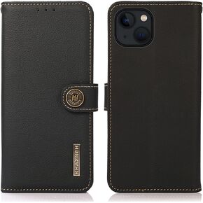 for iPhone 14 Plus Wallet Case，Cowhide Genuine Leather Folio Flip Cover with RFID Credit Card Holder Cash Holder Magnetic Closure Anti-Fall Shockproof TPU Kickstand Green