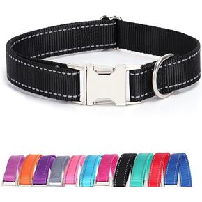 JAY D.L Reflective Dog Collar with Metal Buckle, Soft Sturdy Nylon Dog Collars with Quick Release Buckle, Adjustable Pet Collars with with ID Tag Ring for Small Medium Large Dogs