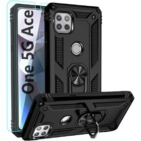 for Motorola One 5G Ace Phone Case,with HD Screen Protector,[Military Grade] Ring Car Mount Kickstand Hybrid Hard PC Soft TPU Shockproof Protective Case for Moto One 5G Ace (Red)
