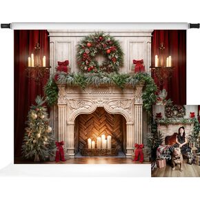 Kate Christmas Fireplace Backdrop Red Curtain Holiday Christmas Wreath Photo Backdrop for Family Professional Photography Studio Props, 10x10ft