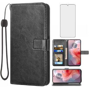 Compatible with Motorola Moto G Power 5G 2024（Not 2023） Wallet Case Tempered Glass Screen Protector and Leather Flip Cover Card Holder Stand Cell Accessories Phone Cases for G5 Women Men Blue
