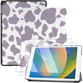 Compatible with iPad 9th /8th /7th Generation Case(2021/2020/2019) with 2Pcs Screen Protector and Hard Back iPad 10.2 inch Case,Auto Sleep/Wake Cover-Black White Cow Western