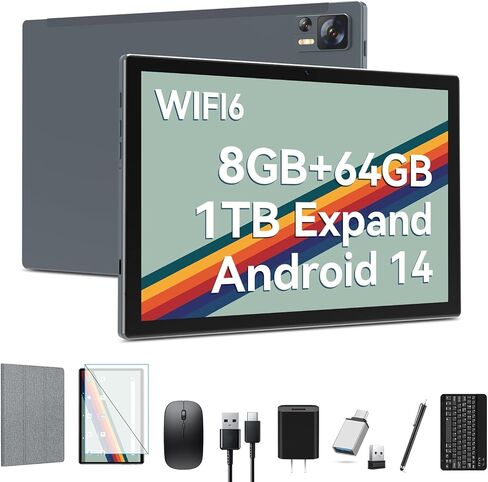 أحدث جهاز لوحي Android 14 WIFI6 بسعة تخزين كبيرة 8 جيجابايت رام (4+4 افتراضي) + 64 جيجابايت روم + 512 جيجابايت قابل للتوسيع، ثماني النواة 2 في 1 تابلت مع لوحة مفاتيح، بطارية 7000 مللي أمبير في الساعة، شاشة 10.1 بوصة، بلوتوث/حافظة/ماوس in Kuwait