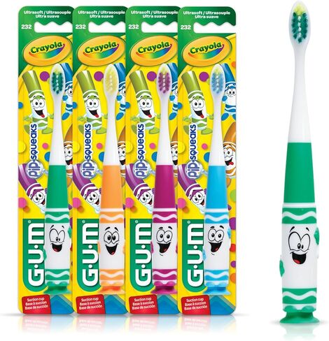 فرشاة أسنان GUM Crayola للأطفال الصغار، شعيرات فائقة النعومة وضيقة، رأس مدبب لإزالة لوحة الأسنان بلطف، للأعمار من 3 سنوات فما فوق، 1 قيراط (عبوة من 4 قطع) in Saudi Arabia