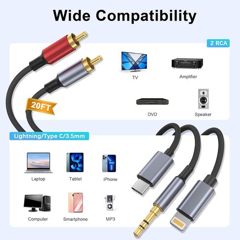 USB C 3.5mm to RCA Cable, Lightning to RCA Male to Aux Audio Adapter, HiFi Sound, Headphone Jack Adapter, 3 in 1 Audio Cable Connector for iPhone/iPad, Speaker, MP3, Tablet, HDTV 3.3FT in Kuwait