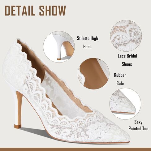 Celbreez أحذية الزفاف البيضاء للنساء الدانتيل الكعوب حذاء زفاف خمر مغلق أشار تو خنجر أحذية عالية الكعب in Kuwait