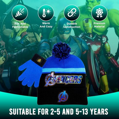 قبعة ووشاح وقفازات الثلج للأطفال من Marvel Avengers 3 قطع. مجموعة، قبعة بوم بوم دافئة وناعمة لطيفة للاستخدام في الهواء الطلق للأولاد والأطفال الصغار in Kuwait