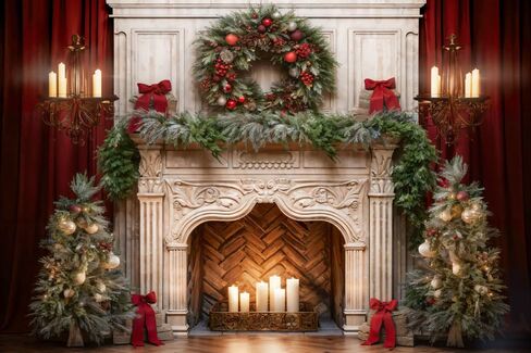 Kate Christmas Fireplace Backdrop Red Curtain Holiday Christmas Wreath Photo Backdrop for Family Professional Photography Studio Props, 10x10ft in Kuwait