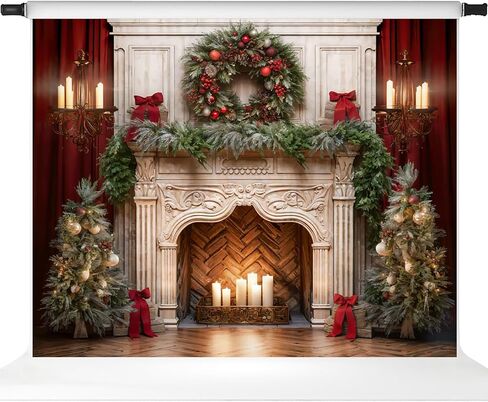 Kate Christmas Fireplace Backdrop Red Curtain Holiday Christmas Wreath Photo Backdrop for Family Professional Photography Studio Props, 10x10ft in Kuwait