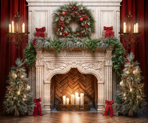 Kate Christmas Fireplace Backdrop Red Curtain Holiday Christmas Wreath Photo Backdrop for Family Professional Photography Studio Props, 10x10ft in Kuwait