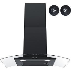 FIREGAS Wall Mount Range Hood 30 inch with 3 Speed Fan,black range hood with tempered glass,400CFM,Push Button Controls, LED Lighting, Permanent Filters in Stainless Steel,includes 2 Charcoal Filters