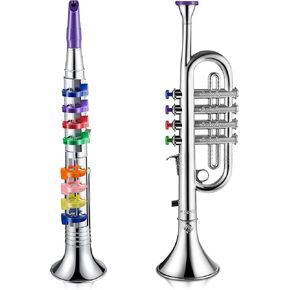 Amylove Set of 2 Music Instruments Include Toy Trumpet and Toy Saxophone Plastic Trumpet Portable Clarinet with Colored Keys Educational Toy for Home School Christmas Musical Gifts, Gold Finish