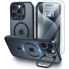 Mitywah for iPhone 16 Pro Max Case with Stand, 2X [Tempered Glass Screen Protector] Military-Grade Drop Protection N52 Magnetic Phone Case, Matte Translucent Slim Case Skin-Friendly Touch, Black