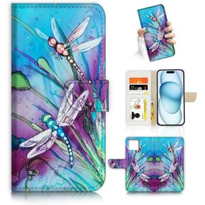 For iPhone 15, Fashion Flower Scene Flamingo Dragonfly Flip Wallet Phone Case Cover AD006 (#24908 Pink Flamingo)