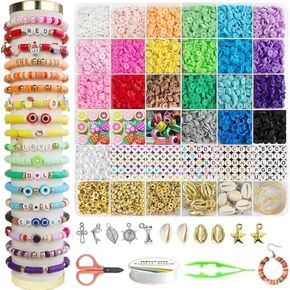 Redtwo 6200 Pcs Clay Beads Bracelet Making Kit, Flat Round Polymer Heishi Friendship Bracelet Jewelry Kit with Charms and Elastic Strings for Girls 8-12 Gifts for Kids