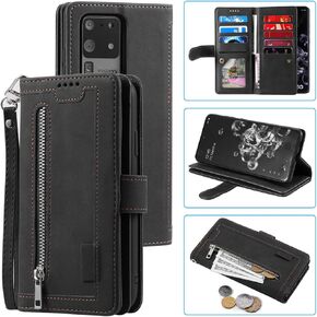 UEEBAI Case for Samsung Galaxy S21 5G, 9 Card Slots Retro Leather Wallet Shockproof Flip Cover with Hand Strap Card Slots Zipper Pocket Kickstand Handbag Magnetic Closure - Retro Red Wine