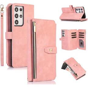 UEEBAI Case for Samsung Galaxy S21 5G, 9 Card Slots Retro Leather Wallet Shockproof Flip Cover with Hand Strap Card Slots Zipper Pocket Kickstand Handbag Magnetic Closure - Retro Red Wine in Kuwait