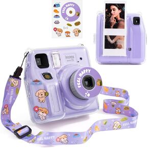 Mini SE Camera Case, Hard Clear Case for Fujifilm Instax Mini SE Instant Camera, Mini SE Plastic Cover with Cute Sticker and Shoulder Strap - Pink Hey Cat