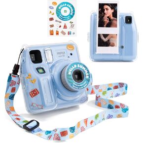 Mini SE Camera Case, Hard Clear Case for Fujifilm Instax Mini SE Instant Camera, Mini SE Plastic Cover with Cute Sticker and Shoulder Strap - Pink Hey Cat