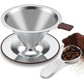 Pour Over Coffee Dripper | Reusable Cone Coffee Filters | Stainless Steel Coffee Filter | Fine Mesh Double Layer | Paperless Pour Over Coffee Maker 2-3 Cups | 15ml Coffee Bean Spoon