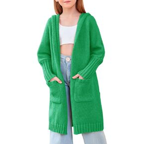 Girls Hooded Long Cardigan Kids Fashion Open Front Knit Sweater Outerwear Coat 5-14 Years