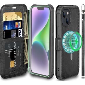 VANAVAGY Compatible for iPhone 13/14 Wallet Case for Magsafe,RFID Flip Leather Cover with Wrist Supports Wireless Charging with Card Holder and Glass Screen Protector,Clove Purple