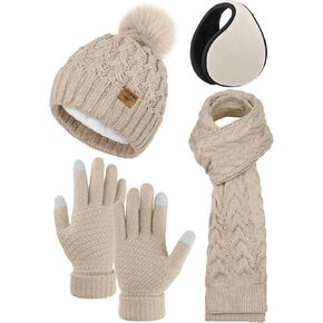URATOT 4 Packs Winter Warm Set Knitted Pompom Hat Scarf Touch Screen Gloves Ear Warmer 4 In 1 Set for Men or Women