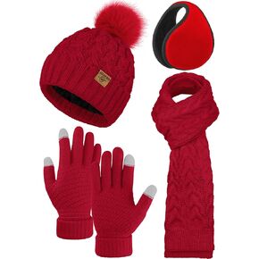 URATOT 4 Packs Winter Warm Set Knitted Pompom Hat Scarf Touch Screen Gloves Ear Warmer 4 In 1 Set for Men or Women